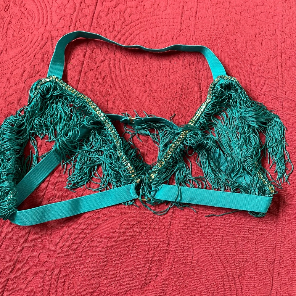 Custom made fringe cup less bra top with diamonds size M/L dance lingerie